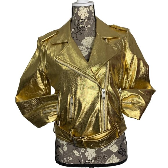 Levis Strauss Metallic Gold Faux Leather Moto Zipper Jacket Womens SZ S EUC - Picture 1 of 11